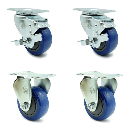 Service Caster 3 Inch Blue Polyurethane Swivel Top Plate Caster Set with 2 Brakes 2 Rigid SCC SCC-20S314-PPUB-BLUE-TLB-2-R314-2